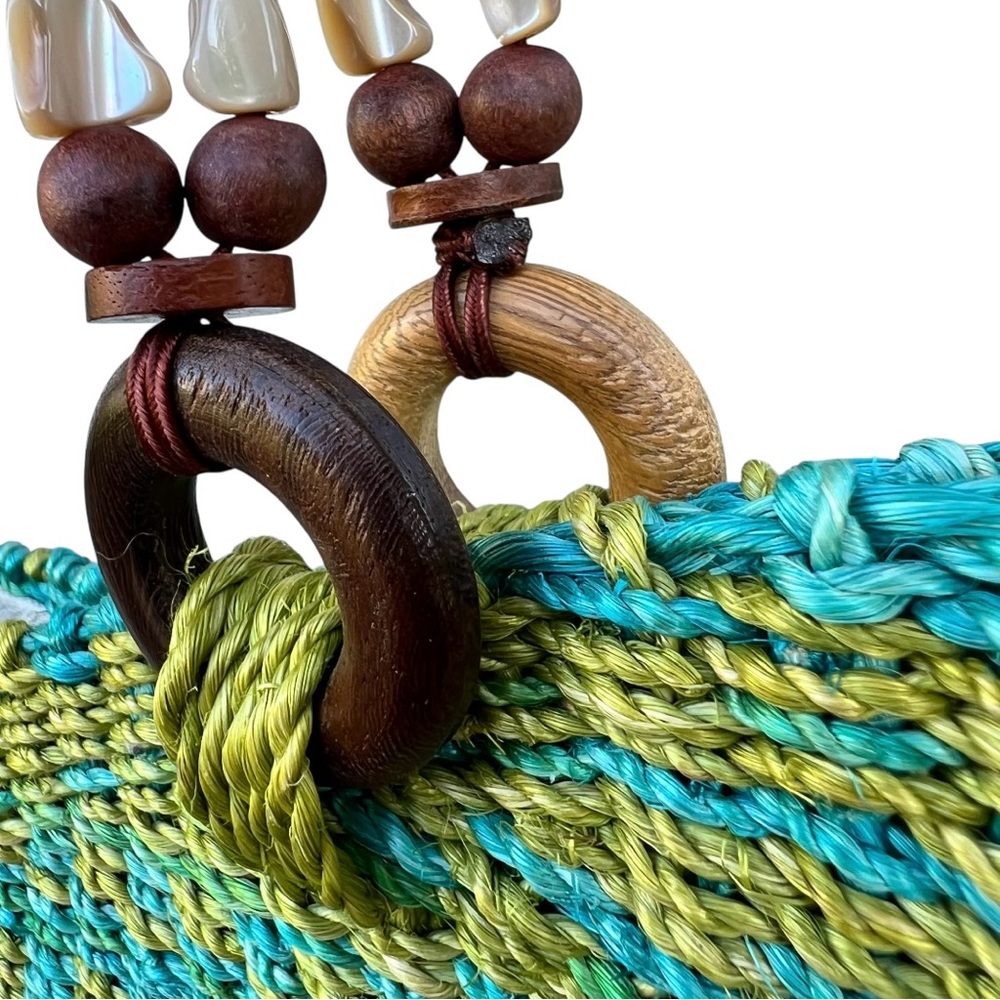 EMMA ROSE Woven Raffia Straw Green Shoulder Strap Bag Tote Beach Resort Artsy - Picture 3 of 16